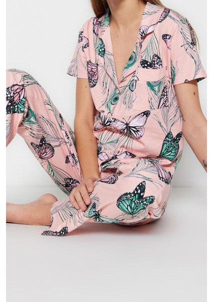 Kadın Pamuk Gömlek Yaka Kısa Kol Pamuk Kelebek Desenli Gömlek-Pantolon Örme Pijama Takımı fiyatları