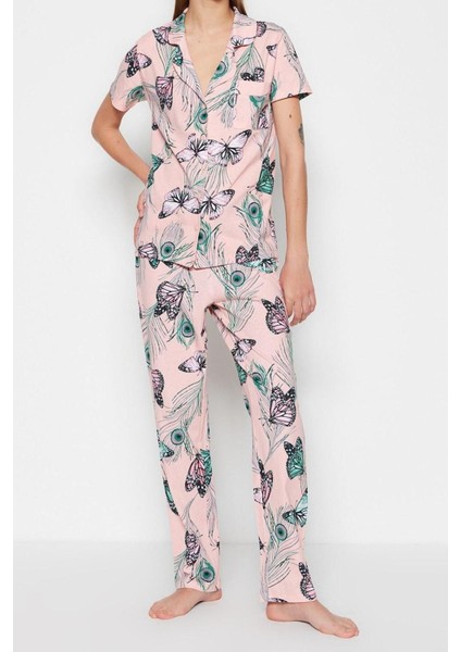 Kadın Pamuk Gömlek Yaka Kısa Kol Pamuk Kelebek Desenli Gömlek-Pantolon Örme Pijama Takımı modelleri