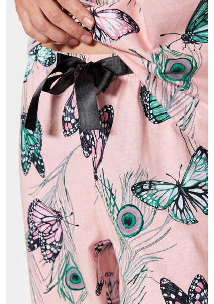 Kadın Pamuk Gömlek Yaka Kısa Kol Pamuk Kelebek Desenli Gömlek-Pantolon Örme Pijama Takımı fırsatları