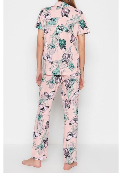 Kadın Pamuk Gömlek Yaka Kısa Kol Pamuk Kelebek Desenli Gömlek-Pantolon Örme Pijama Takımı indirimleri