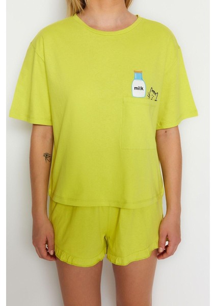 Kadın Pamuklu Bisiklet Yaka Kısa Kol Pamuklu Baskılı T-Shirt-Şort Örme Pijama Takımı