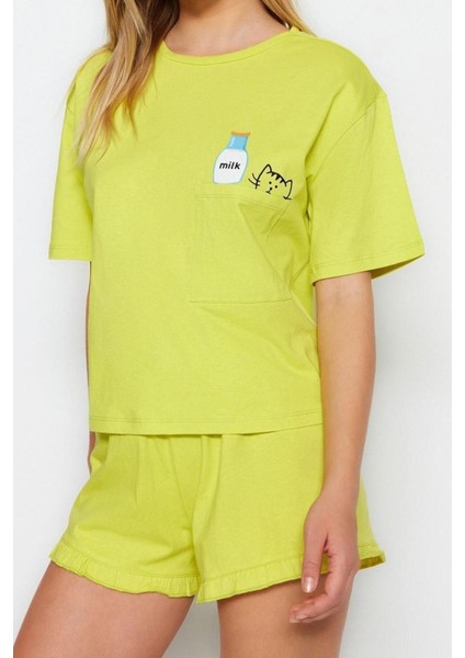 Kadın Pamuklu Bisiklet Yaka Kısa Kol Pamuklu Baskılı T-Shirt-Şort Örme Pijama Takımı fiyatları