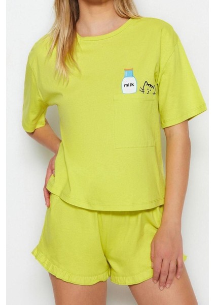 Kadın Pamuklu Bisiklet Yaka Kısa Kol Pamuklu Baskılı T-Shirt-Şort Örme Pijama Takımı modelleri