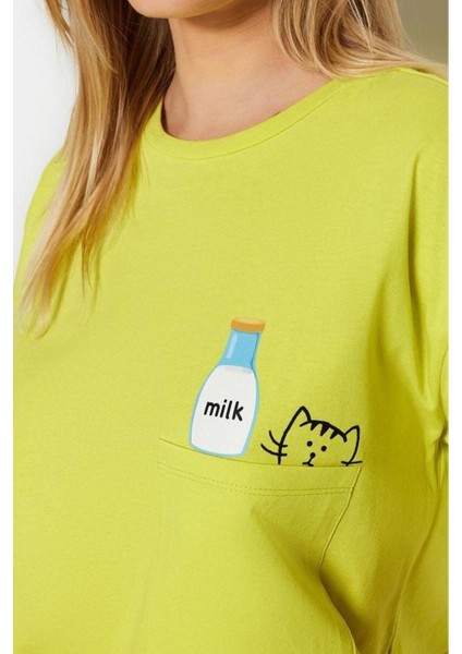 Kadın Pamuklu Bisiklet Yaka Kısa Kol Pamuklu Baskılı T-Shirt-Şort Örme Pijama Takımı fırsatları