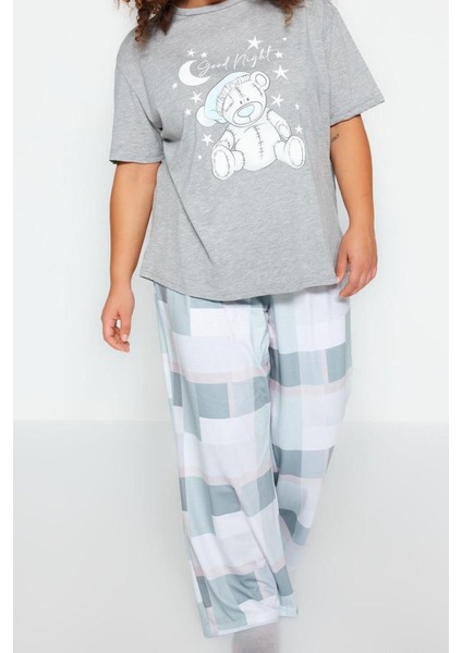 Büyük Beden Kadın Polyester Bisiklet Yaka Kısa Kol Baskılı Kareli Örme Pijama Takımı fiyatları