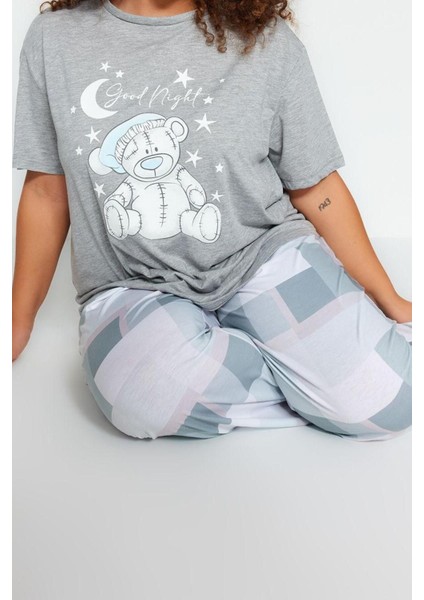 Büyük Beden Kadın Polyester Bisiklet Yaka Kısa Kol Baskılı Kareli Örme Pijama Takımı modelleri