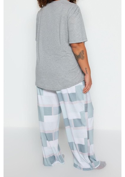 Büyük Beden Kadın Polyester Bisiklet Yaka Kısa Kol Baskılı Kareli Örme Pijama Takımı indirimleri