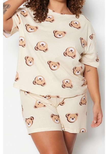 Büyük Beden Kadın Pamuk Bisiklet Yaka Kısa Kol Ayıcık Baskılı Pamuklu Örme Pijama Takımı