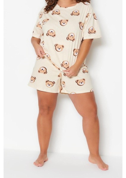 Büyük Beden Kadın Pamuk Bisiklet Yaka Kısa Kol Ayıcık Baskılı Pamuklu Örme Pijama Takımı fiyatları