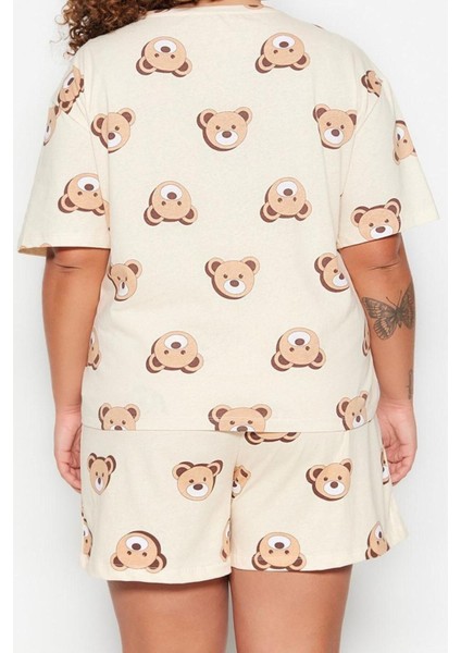 Büyük Beden Kadın Pamuk Bisiklet Yaka Kısa Kol Ayıcık Baskılı Pamuklu Örme Pijama Takımı modelleri