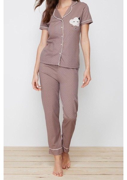 Kadın Pamuk Polyester Gömlek Yaka Kısa Kol Baskılı Gömlek-Pantolon Örme Pijama Takımı