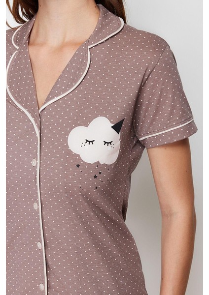 Kadın Pamuk Polyester Gömlek Yaka Kısa Kol Baskılı Gömlek-Pantolon Örme Pijama Takımı