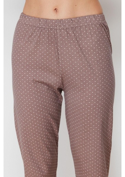 Kadın Pamuk Polyester Gömlek Yaka Kısa Kol Baskılı Gömlek-Pantolon Örme Pijama Takımı