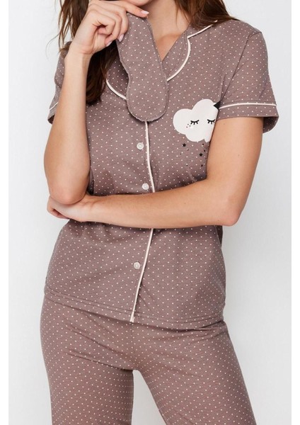Kadın Pamuk Polyester Gömlek Yaka Kısa Kol Baskılı Gömlek-Pantolon Örme Pijama Takımı