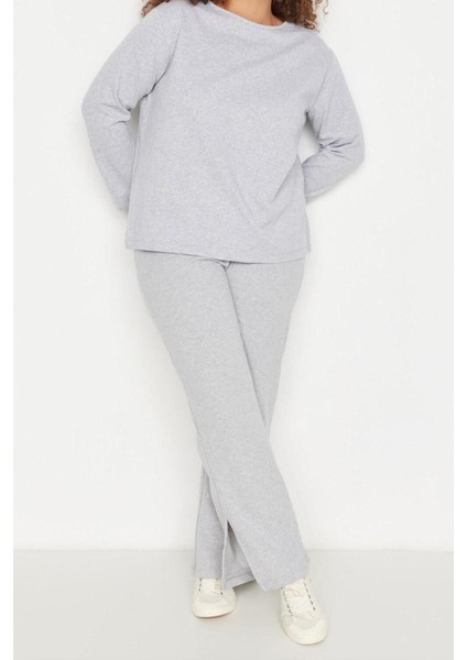 Büyük Beden Kadın Polyester Bisiklet Yaka Uzun Kol Paçaları Yırtmaçlı Örme Pijama Takımı