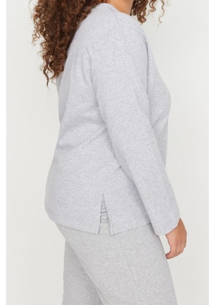 Büyük Beden Kadın Polyester Bisiklet Yaka Uzun Kol Paçaları Yırtmaçlı Örme Pijama Takımı fiyatları