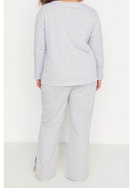 Büyük Beden Kadın Polyester Bisiklet Yaka Uzun Kol Paçaları Yırtmaçlı Örme Pijama Takımı indirimleri