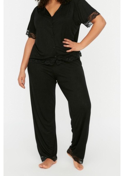 Büyük Beden Kadın Viskon Gömlek Yaka Kısa Kol Dantelli Örme Pijama Takımı