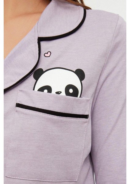 Kadın Pamuk Polyester Gömlek Yaka Uzun Kol Pamuklu Panda Baskılı Gömlek-Pantolon Örme Pijama Takımı