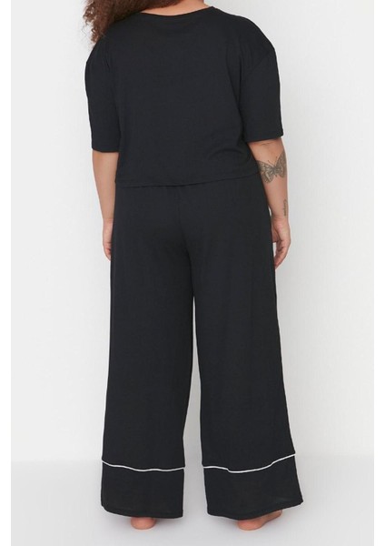 Büyük Beden Kadın Pamuklu Bisiklet Yaka Kısa Kol Baskılı Wide Leg Crop Boy Örme Pijama Takımı fırsatları