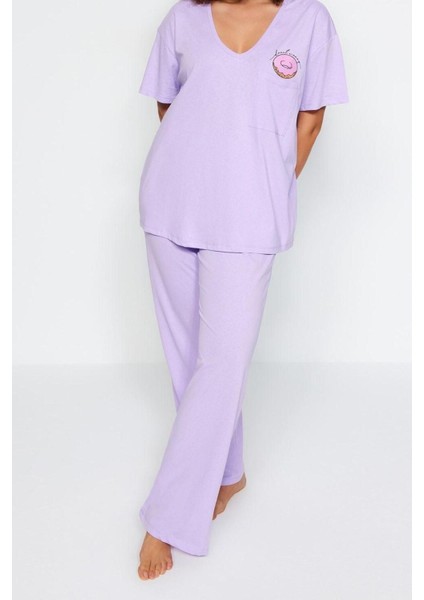 Büyük Beden Kadın Pamuklu V Yaka Kısa Kol Baskılı Cep Detaylı Örme Pijama Takımı fiyatları