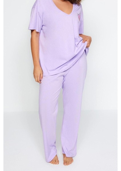 Büyük Beden Kadın Pamuklu V Yaka Kısa Kol Baskılı Cep Detaylı Örme Pijama Takımı indirimleri