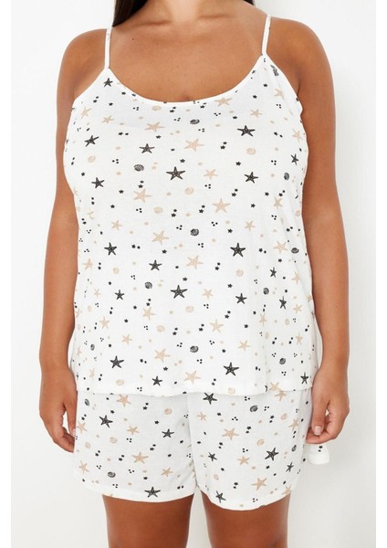 Büyük Beden Kadın Polyester U Yaka Askılı Kol Deniz Yıldızı Desenli Askılı Örme Pijama Takımı