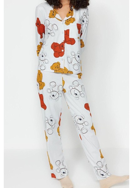 Kadın Pamuk Gömlek Yaka Uzun Kol Pamuk Ayıcık Desenli Gömlek-Pantolon Örme Pijama Takımı