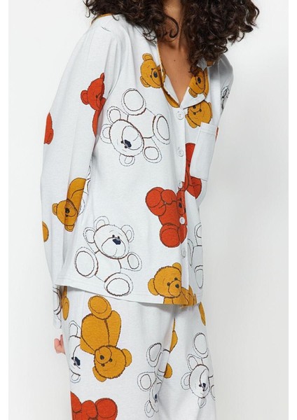 Kadın Pamuk Gömlek Yaka Uzun Kol Pamuk Ayıcık Desenli Gömlek-Pantolon Örme Pijama Takımı fiyatları