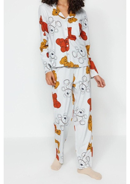 Kadın Pamuk Gömlek Yaka Uzun Kol Pamuk Ayıcık Desenli Gömlek-Pantolon Örme Pijama Takımı modelleri