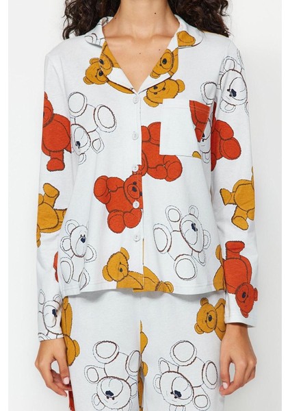 Kadın Pamuk Gömlek Yaka Uzun Kol Pamuk Ayıcık Desenli Gömlek-Pantolon Örme Pijama Takımı fırsatları