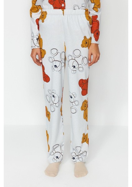 Kadın Pamuk Gömlek Yaka Uzun Kol Pamuk Ayıcık Desenli Gömlek-Pantolon Örme Pijama Takımı indirimleri