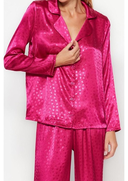 Kadın Polyester Gömlek Yaka Uzun Kol Fuşya Kalp Desenli Saten Gömlek-Pantolon Dokuma Pijama Takımı fiyatları