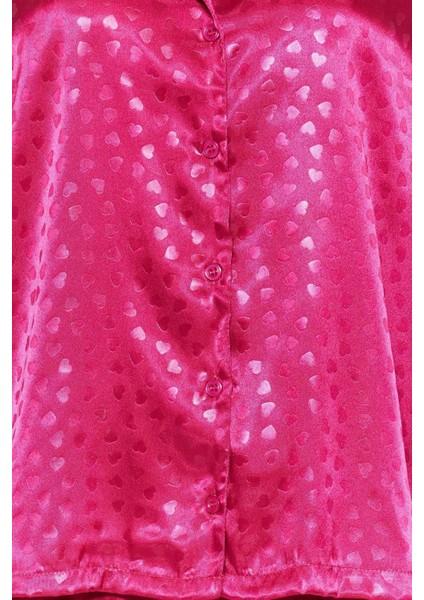 Kadın Polyester Gömlek Yaka Uzun Kol Fuşya Kalp Desenli Saten Gömlek-Pantolon Dokuma Pijama Takımı indirimleri