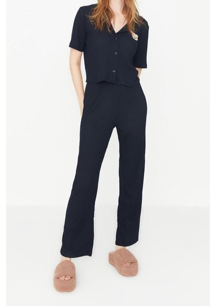 Kadın Polyester Gömlek Yaka Kısa Kol Ayıcık Nakışlı Fitilli Gömlek-Pantolon Örme Pijama Takımı