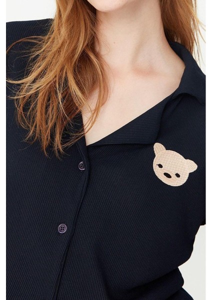 Kadın Polyester Gömlek Yaka Kısa Kol Ayıcık Nakışlı Fitilli Gömlek-Pantolon Örme Pijama Takımı