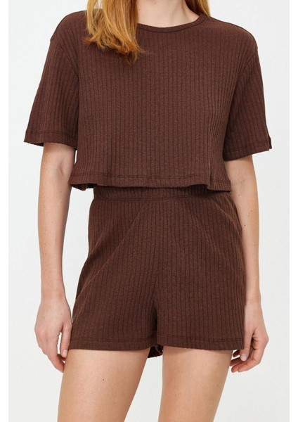 Kadın Polyester Bisiklet Yaka Kısa Kol Fitilli Pamuklu Örme Pijama Takımı