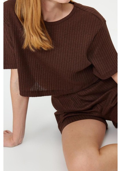 Kadın Polyester Bisiklet Yaka Kısa Kol Fitilli Pamuklu Örme Pijama Takımı