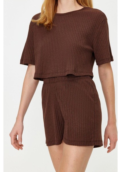 Kadın Polyester Bisiklet Yaka Kısa Kol Fitilli Pamuklu Örme Pijama Takımı