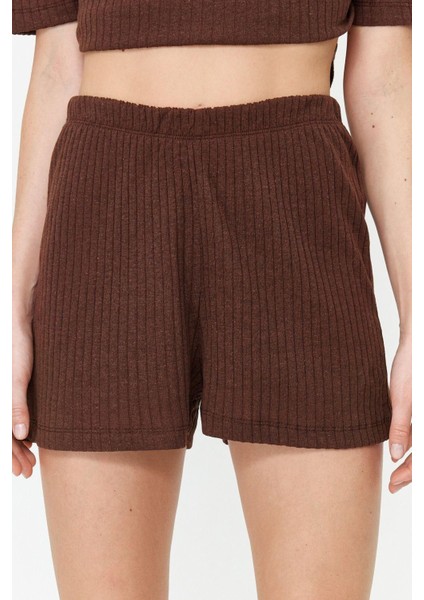 Kadın Polyester Bisiklet Yaka Kısa Kol Fitilli Pamuklu Örme Pijama Takımı