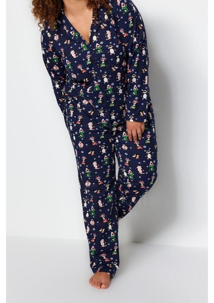 Büyük Beden Kadın Pamuk Polyester Gömlek Yaka Uzun Kol Gömlek Yaka Yılbaşı Temalı Örme Pijama Takımı