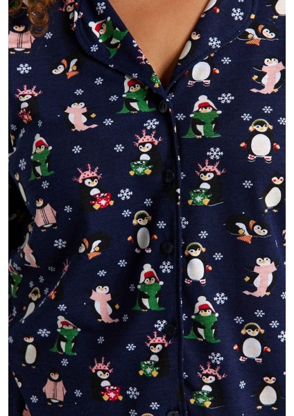 Büyük Beden Kadın Pamuk Polyester Gömlek Yaka Uzun Kol Gömlek Yaka Yılbaşı Temalı Örme Pijama Takımı