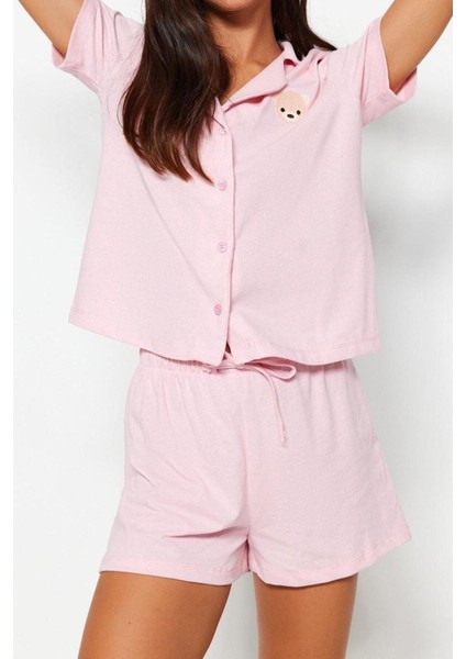 Kadın Pamuk Gömlek Yaka Kısa Kol Pamuk Ayıcık Nakışlı Gömlek-Şort Örme Pijama Takımı