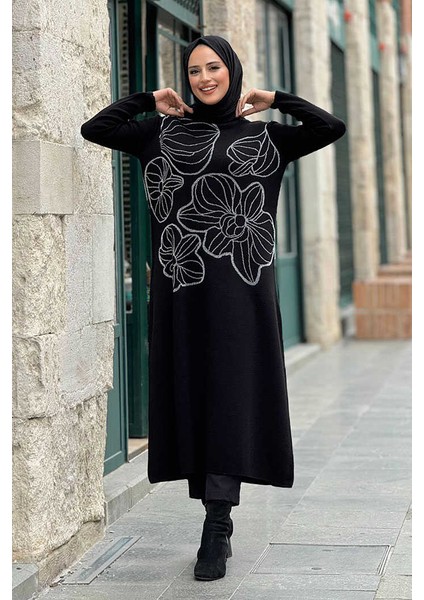 Simli Çiçek Işleme Detaylı Triko Tunik 18191 Siyah-Gümüş