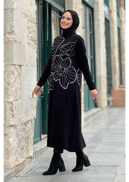 Simli Çiçek Işleme Detaylı Triko Tunik 18191 Siyah-Gümüş