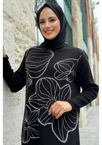 Simli Çiçek Işleme Detaylı Triko Tunik 18191 Siyah-Gümüş