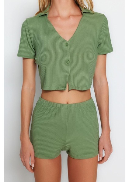 Kadın Polyester V Yaka Kısa Kol Fitilli Crop T-Shirt-Şort Örme Pijama Takımı