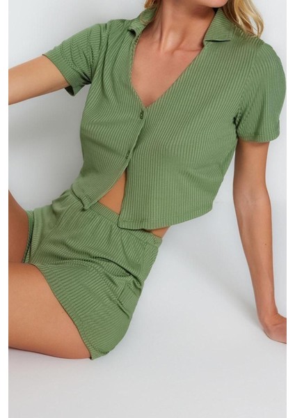 Kadın Polyester V Yaka Kısa Kol Fitilli Crop T-Shirt-Şort Örme Pijama Takımı