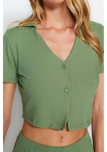 Kadın Polyester V Yaka Kısa Kol Fitilli Crop T-Shirt-Şort Örme Pijama Takımı
