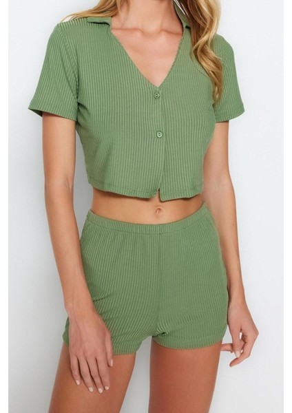 Kadın Polyester V Yaka Kısa Kol Fitilli Crop T-Shirt-Şort Örme Pijama Takımı